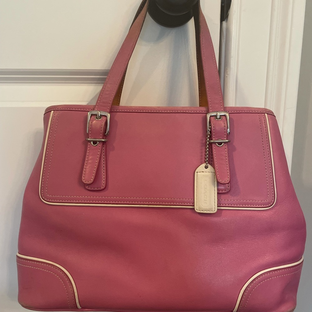 Coach Hamptons Collection Pink Leather Tote with White Stitching